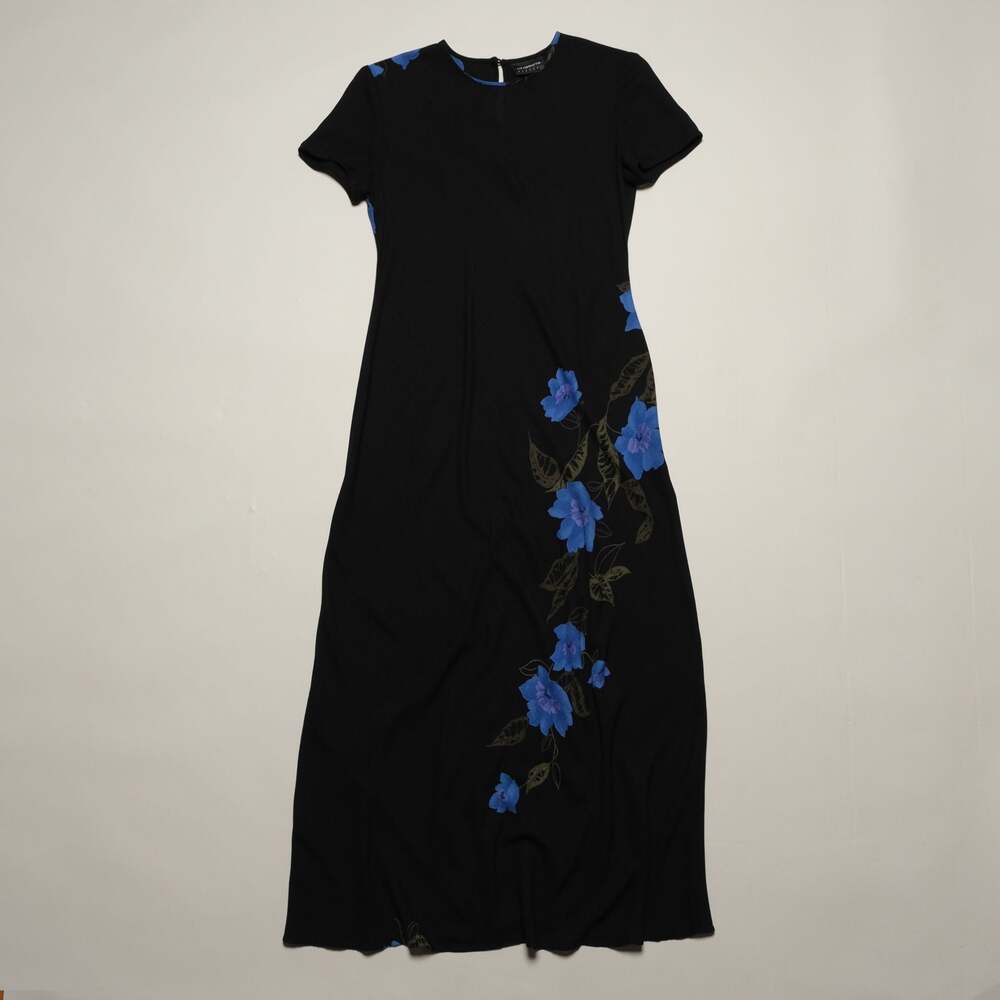 Vintage 90s Black Short Sleeve with Floral Detail Maxi Dress Size 10
